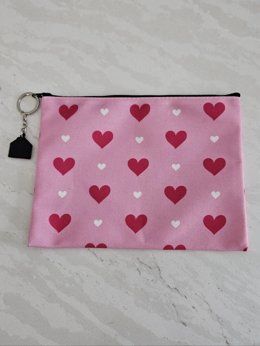 Pink Heart Print Cosmetic Pouch With Bag Charm